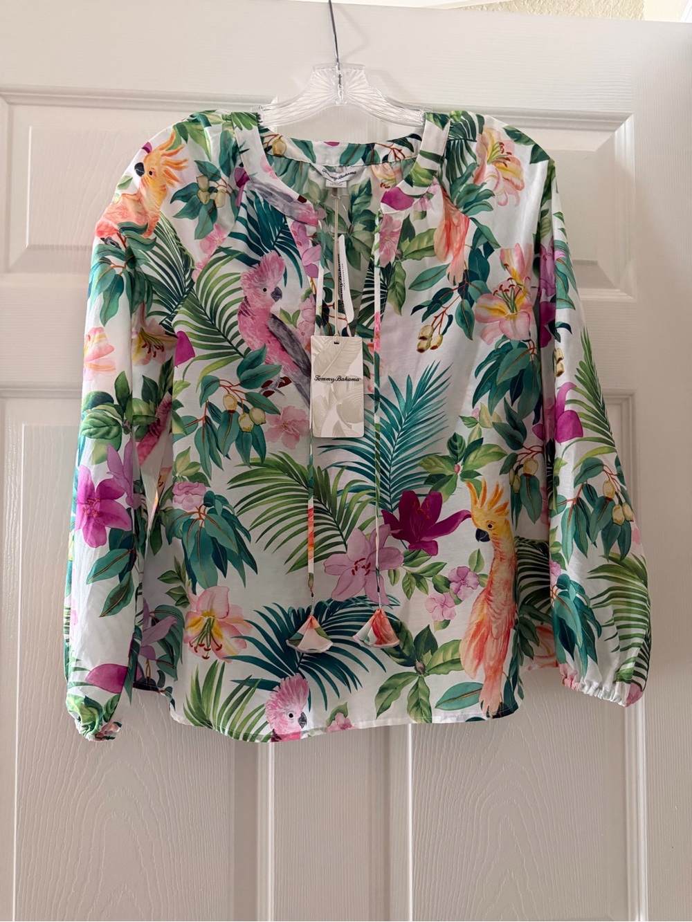 Tommy Bahama White Tropical Parrot Tie-Neck Blouse NWT